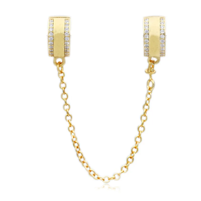 

Original 925 Sterling Silver Charm Gold Color Insignia With Crystal Safety Chain Clip Beads Fit Pan Bracelet Diy Jewelry