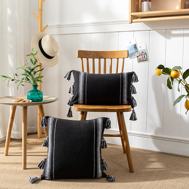 

Beige Black Simple Line Tassel Pillow cover Plain Color Cushion Cover Sofa Waist Bohemian StylePillow cover 45x45cm Home Decor