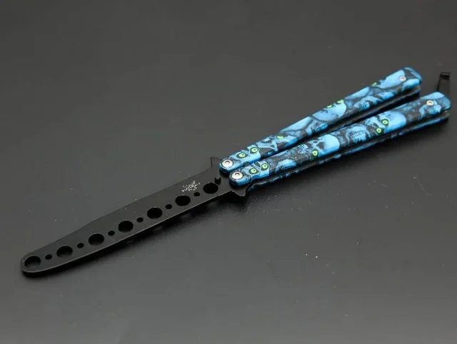 Тренировочный нож из нержавеющей стали с бабочкой Balisong Karambit, складной нож, тренировочный нож, подарок, тупое лезвие, не заточенное, на день рождения - Цвет: Синий