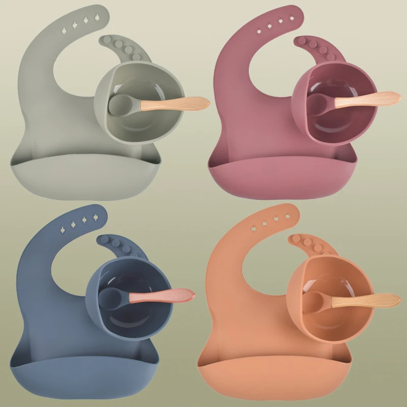 

Baby Silicone Spoon Set Baby Tableware Kids Food Grade Silicone Sticky Spoon with Baby Suction Cup Baby Spoon Silicone Bib