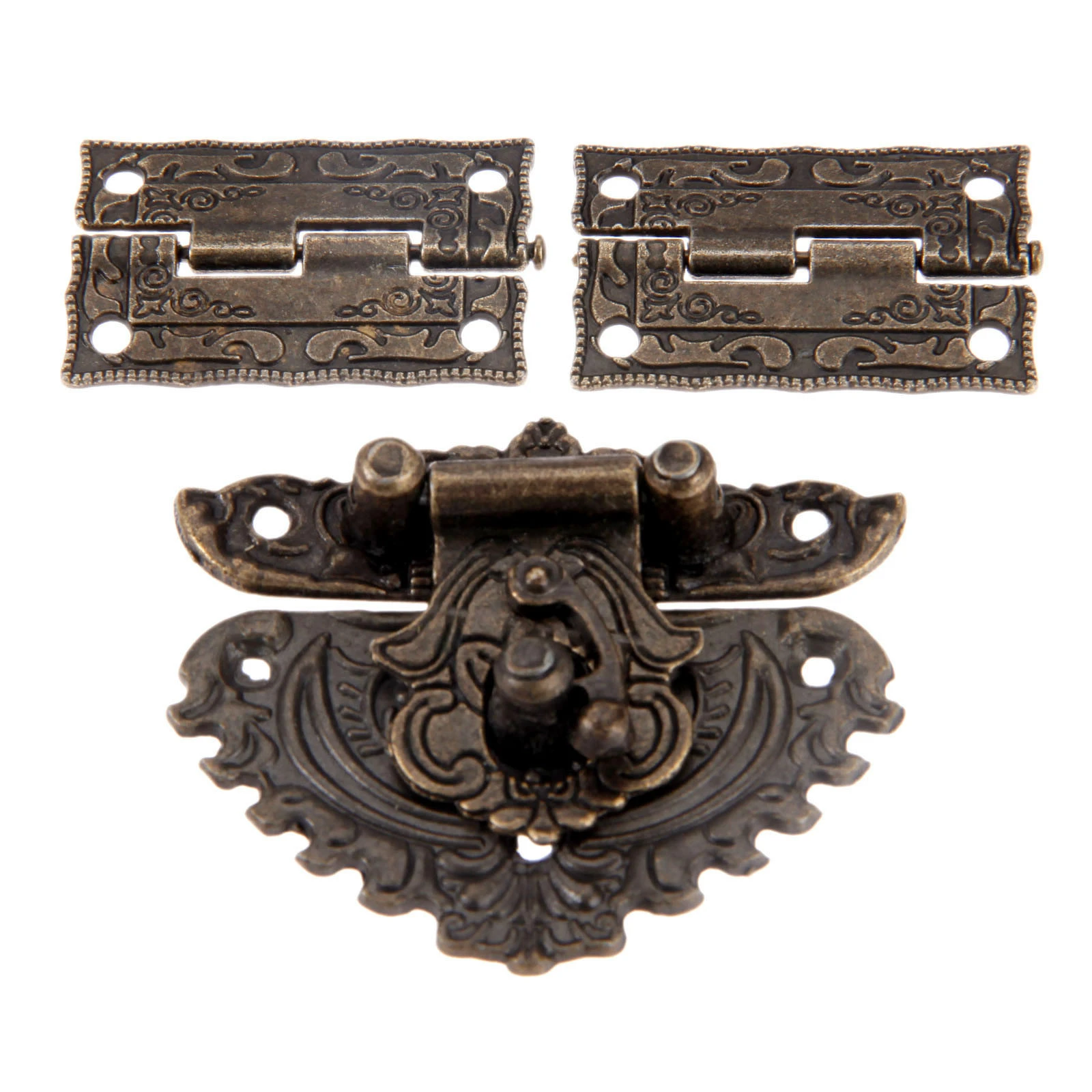 

Antique Bronze Furniture Hardware Box Latch Hasp Toggle Buckle + 2Pcs Decorative Cabinet Hinges for Jewelry Wooden Box