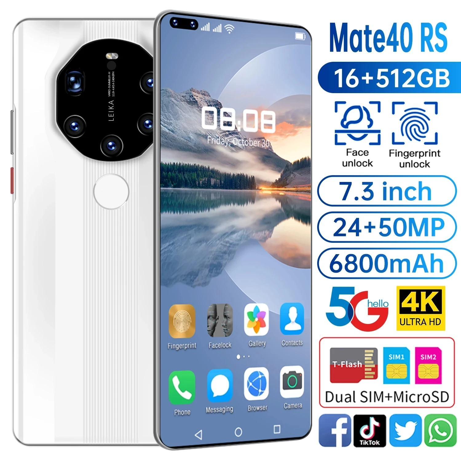 

Mate40 RS-Global Version Smartphone, 7.3 inch HD Screen Smartphone, 16 + 512GB, 10 Core, 6800mAh, Face ID, Fingerprint Unlock, 5