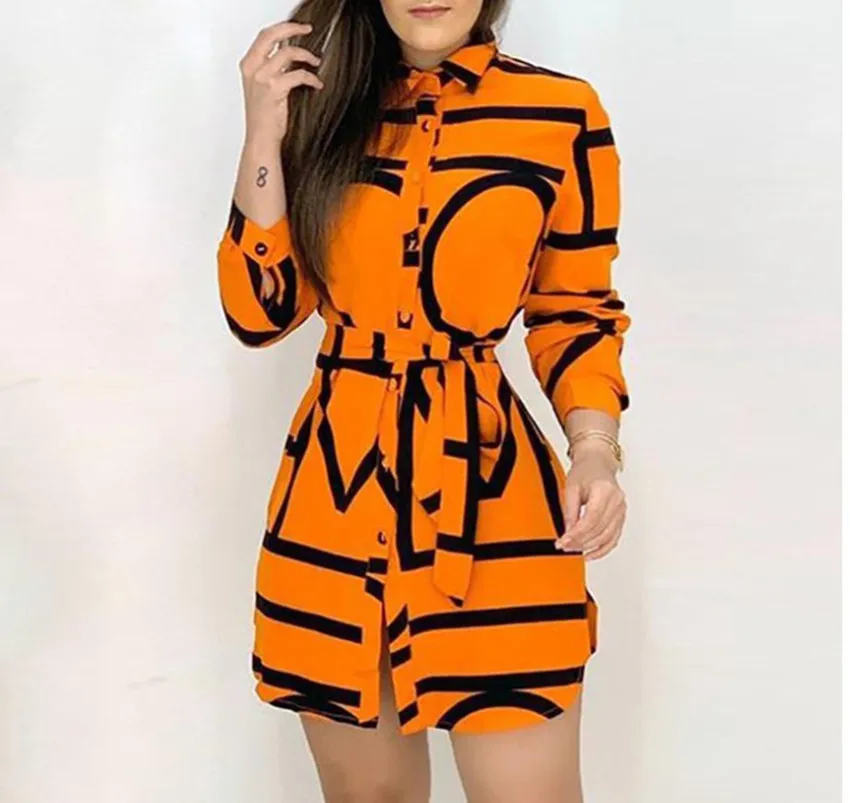 

2021 ladies slim dress temperament shirt dress European and American printed long-sleeved shirt dress women