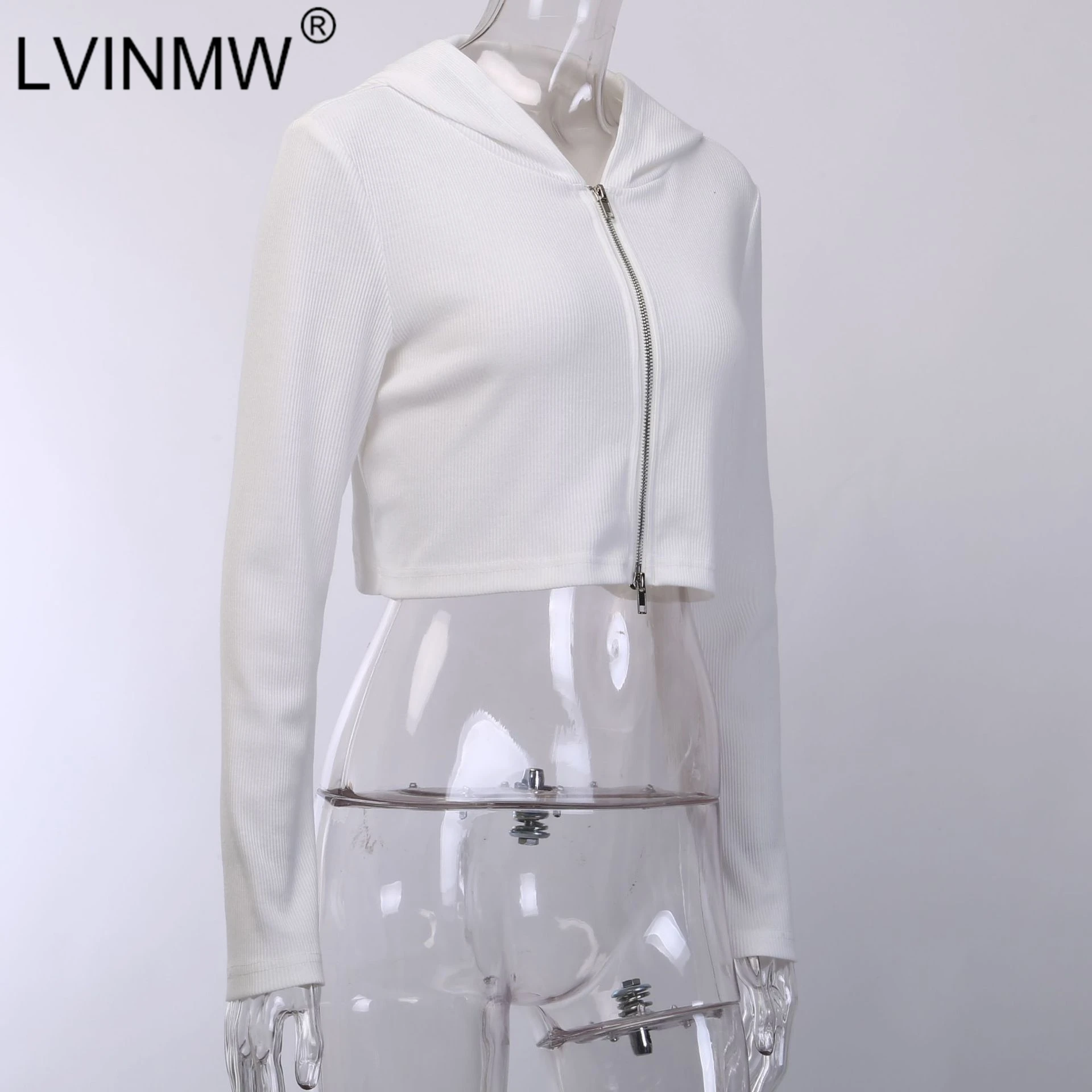 Женский трикотажный кардиган LVINMW белый с длинным рукавом на молнии 2019 |