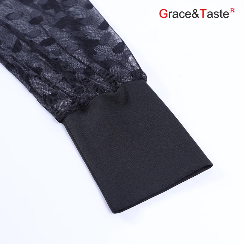 

Grace&Taste Spring Wave Dot Sexy Gauze Collar Wooden Ear Edge Stand Collar Blouse Feminine Sense Perspective Puff Sleeve Tops