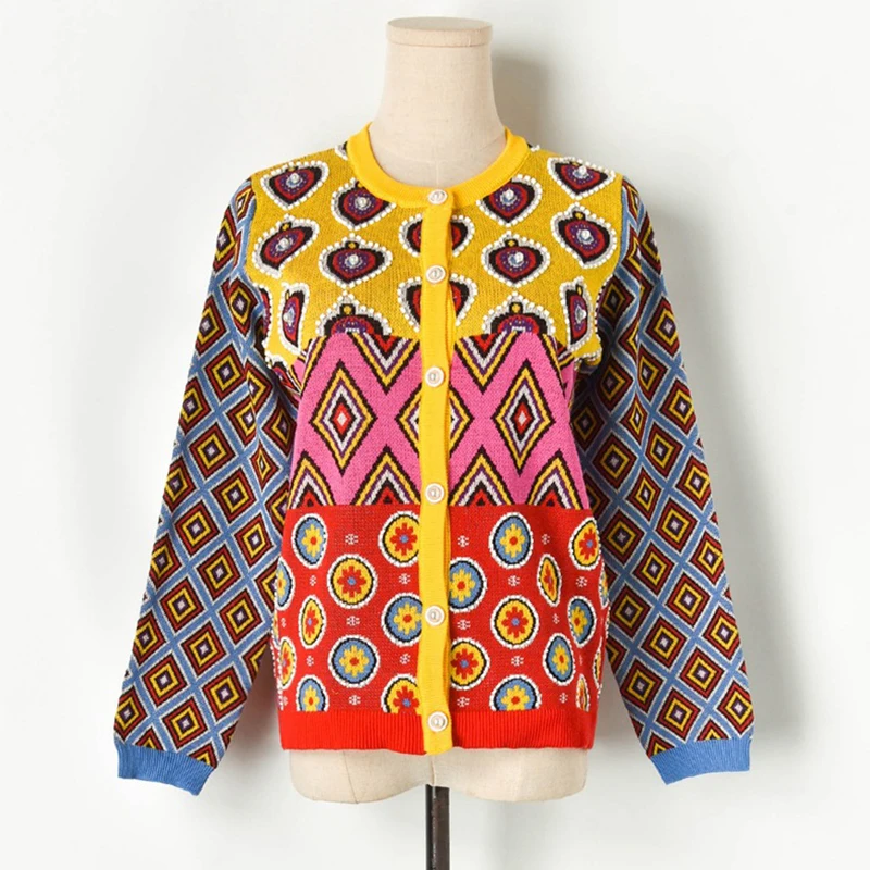 

COLOREE Vintage Womens Brand Designer Contrast Geometric Heart Round Neck Sweater Single Breasted Knitted Cardigan