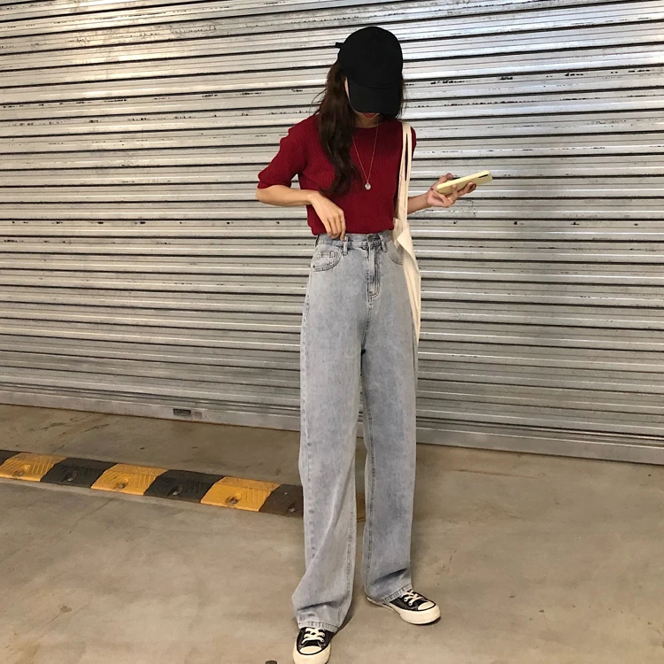 

Новинка 2075, женские свободные прямые узкие джинсы с высокой талией и широкими штанинами в Корейском стиле