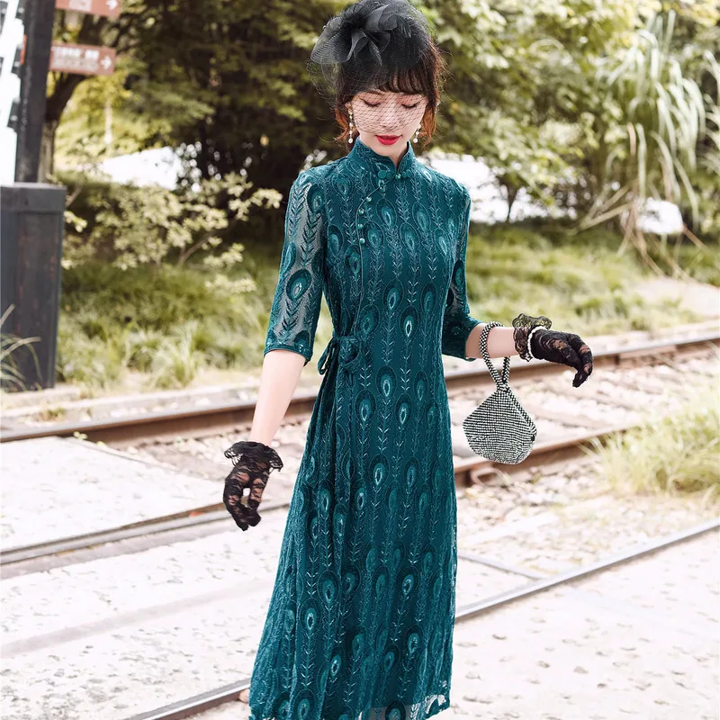 

Elegant Green Chinese Style Qipao Dresses A-Line Lace Cheongsam Spring Autumn Fashion Improvement Vintage Qipao