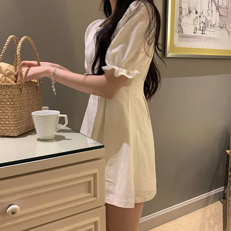 

Chic Women Short Summer Dress Vintage Female Puff Sleeve Short Dress Ladies High Waist Party Dress for OL Vestidos