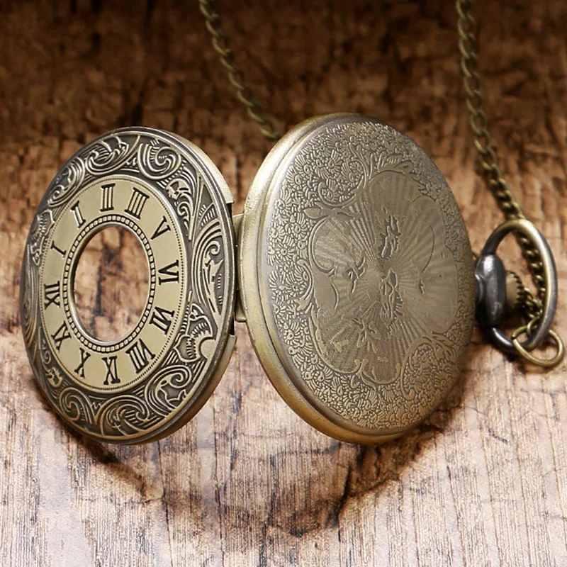 

Vintage Bronze Roman Number Necklace Quartz Pocket Watch Chain Pendant Birthday Christmas Jewelry Gifts for Men Women Friends