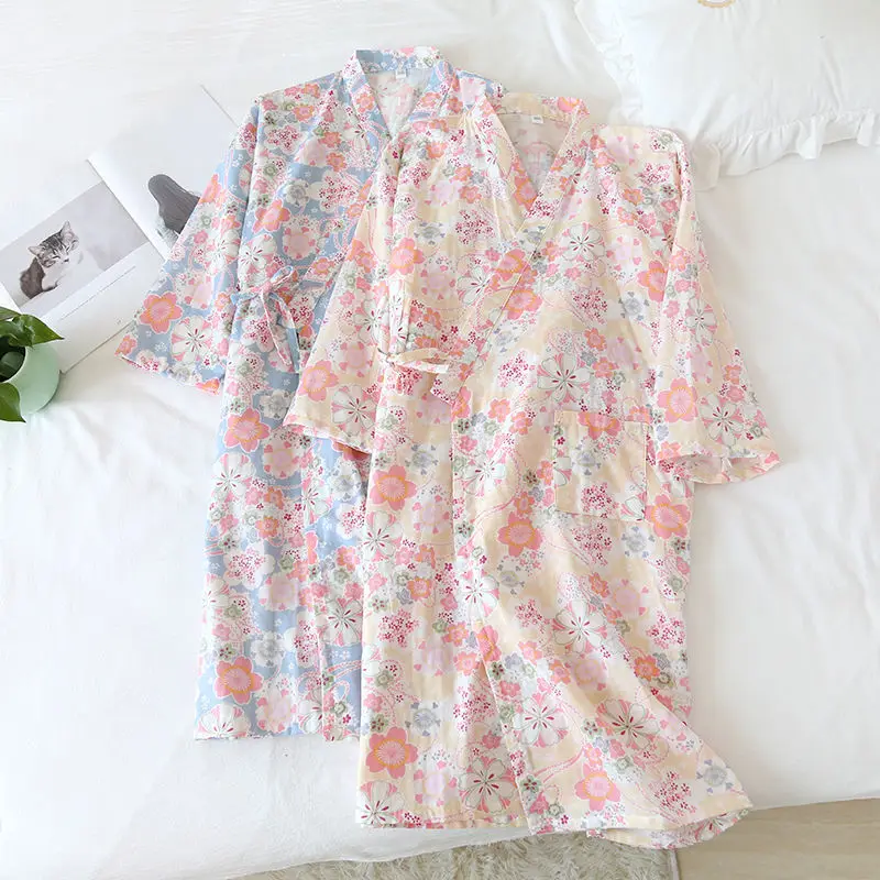 

QWEEK Kimono Robe Women Cotton Bathrobe Kawaii Nightwear Spring Summer 2021 Dresses Sweet Nightgown Cherry Sleepwear Nightie New