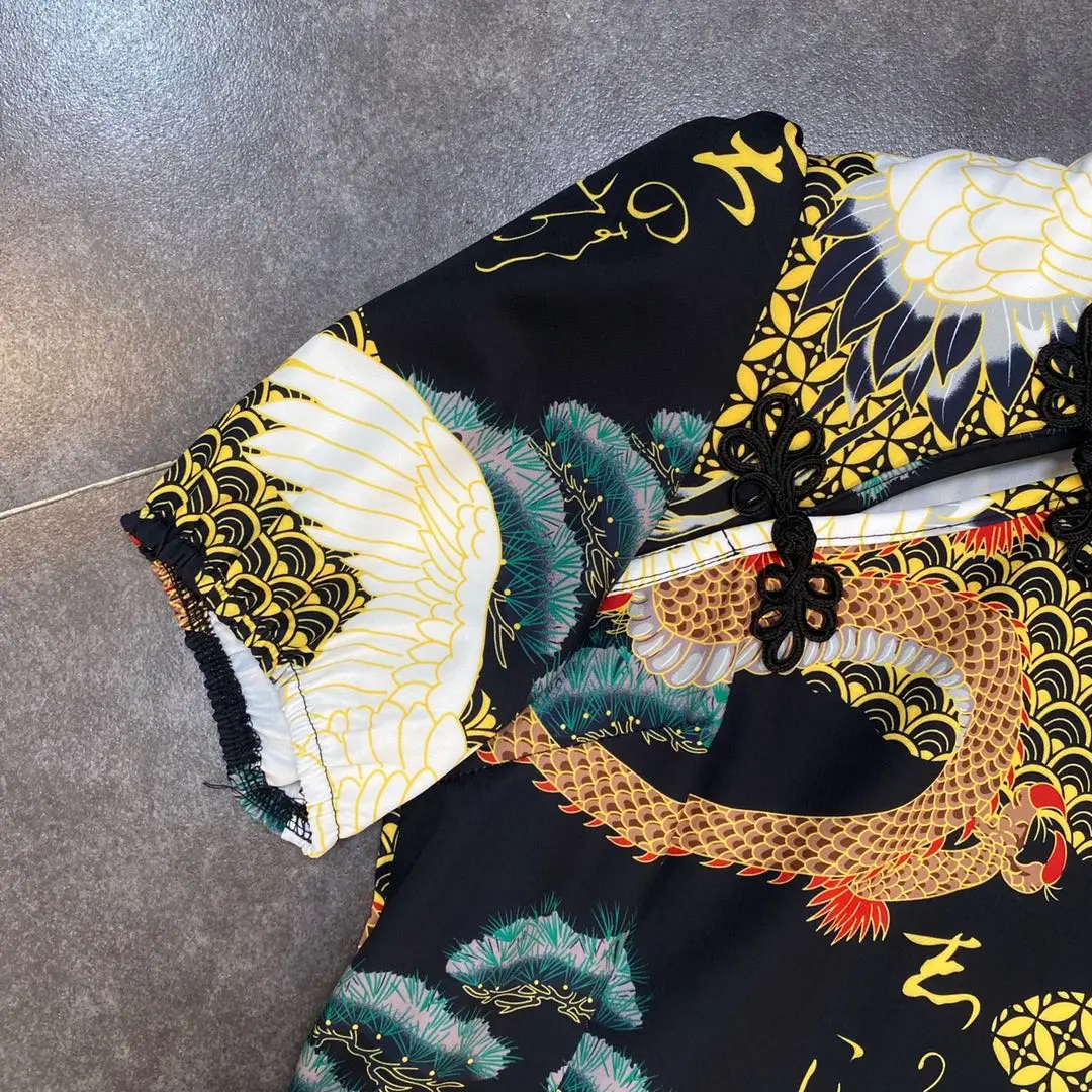 

ZCSMLL 2021 Summer Stand-up Collar Short Sleeve dress Side Drawstring Elastic Ethnic Pattern National Tide Cheongsam vestido