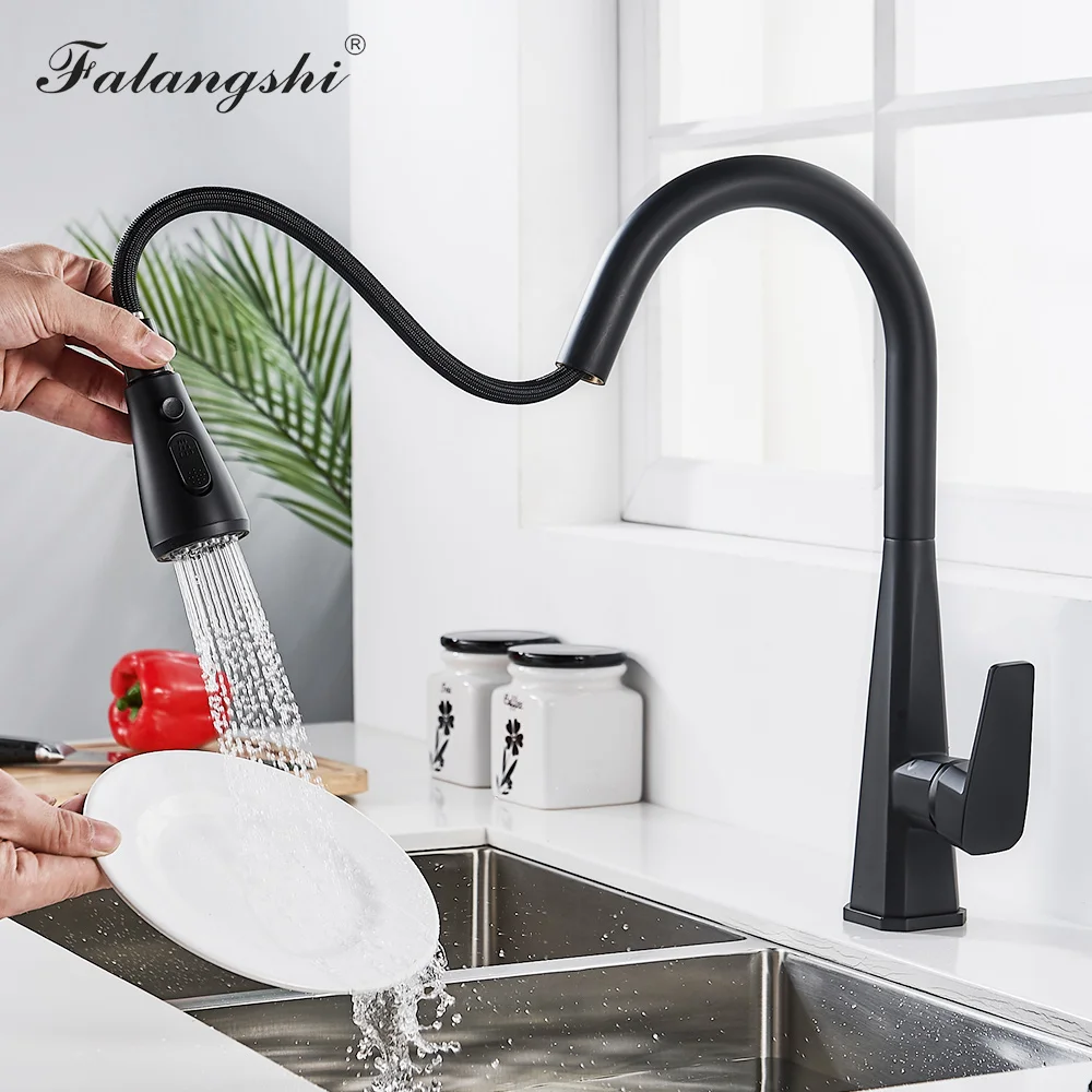 

Смеситель для кухонной раковины с выдвижным носиком, черные кухонные краны для воды, двойной распылитель, режим смеситель горячей и холодной воды, краны WB1238