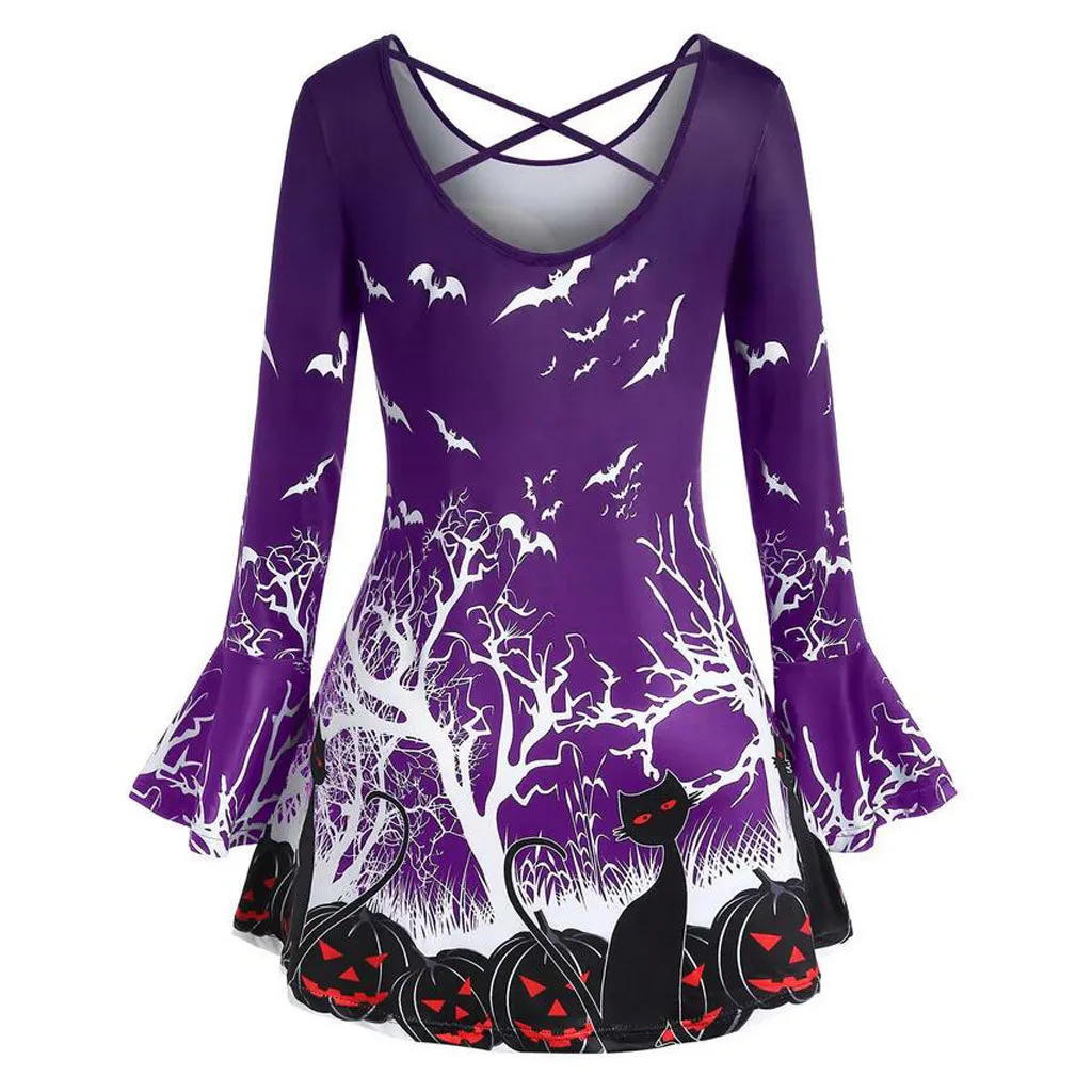 CHAMSGEND Women's Blouses Punpkin Cat Printed Blouse Tops Trumpet Sleeve Halloween Female Shirt Plus Size 19Sep20 | Женская одежда