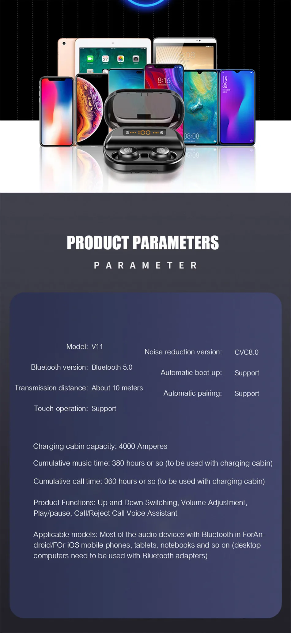 V11 TWS Bluetooth наушники 4000 мАч светодиодный дисплей беспроводной Bluetooth V5.0 наушники 9D стерео водонепроницаемые наушники с микрофоном