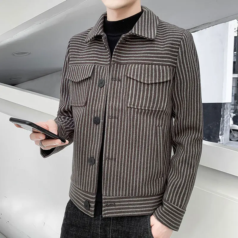 

New Arrival Men's Casual Jackets Coat Turn Collar Single Breasted Pocket Stripe Autumn Overcoat Long Sleeve Outwear Oversized