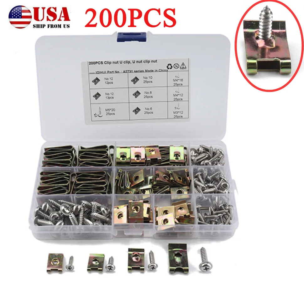 

200pcs Mixed Car Speed Fastener Self-Tapping Screw Spire Clamp Nut U Clip W/Box
