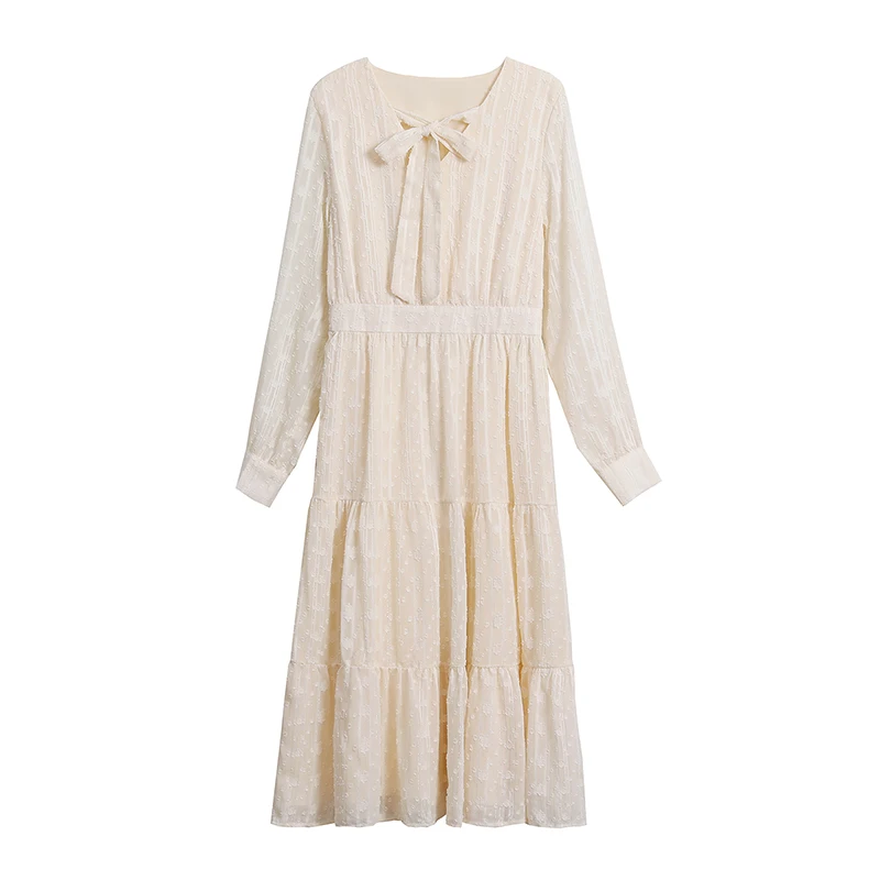 

Elegant Vintage Fairy Casual Party Night Dress Creamy-white Midi Women Long Sleeve Dress Autumn Spring Runway 2021 Korean Dress
