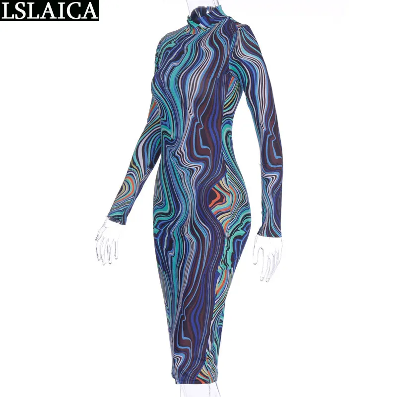 

Dresses woman party night long sleeve O-neck high waist colorful print bodycon dress casual elegant fashion office ladies dress