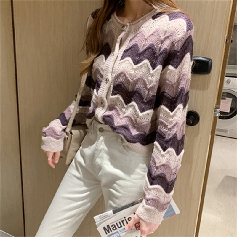

New Colorful Stripe Hollow Knitted Sweater Cardigan Women Autumn Sweet Casual Loose O-neck Female Warm Sweaters Jackets Top