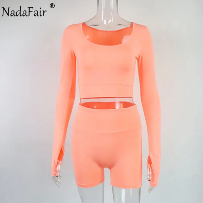 

Nadafair Long Sleeve Sexy Crop Top High Waist Biker Shorts Set Outfit Casual Solid Tracksuit Women Skinny Sport Two Piece Set