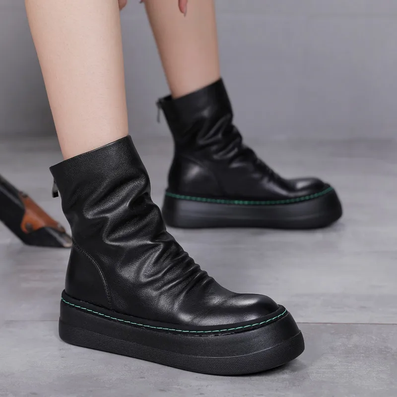 

Original New Thick-Soled Flat Platform Ankle Boots For Women Genuine Leather Fashion Casual Simple Single Inverted Boots Shoes