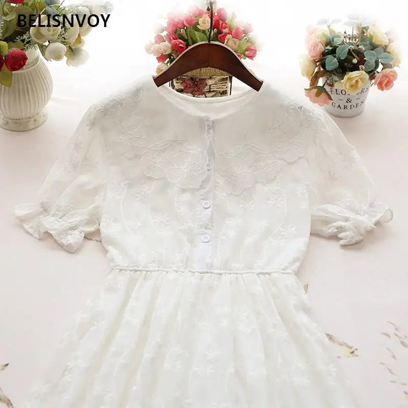 

Elegant Girl Dress Summer Lace Embroidery Peter Pan Collar Party Dresses Casual Boho Midi Sundress Party Vestidos Feminino