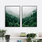Настенная картина с изображением тумана, леса, пейзажа, на холсте, Постер в скандинавском стиле, зеленое дерево, природные плакаты, настенные картины для декора гостиной