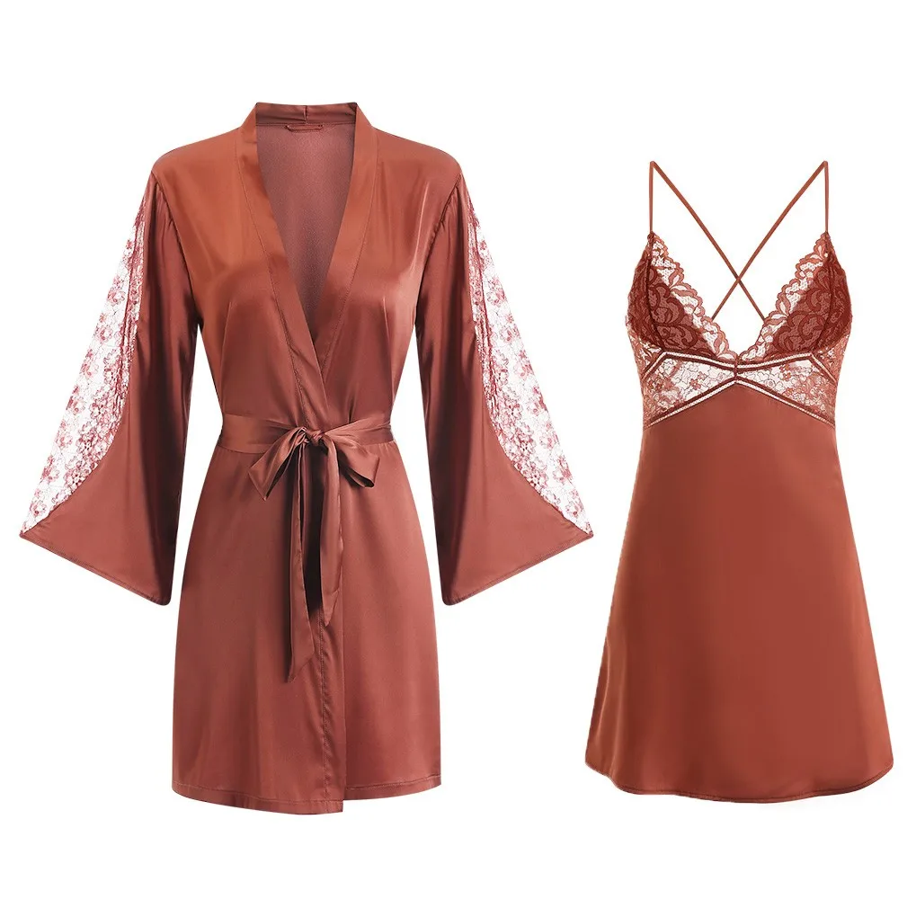

Silky 2PCS Sleep Set Kimono Bathrobe Gown Sleepwear Lace Nightwear Intimate Women Intimate Lingerie Satin Nightdress Nightgown