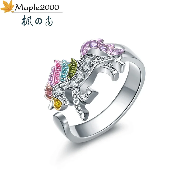 Модное Новое цветное кольцо с единорогом из нержавеющей стали для маленькой