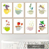 fruits flower tea cup canvas painting lemon strawberry grape posters wall art pictures for kitchen dining room home decoration