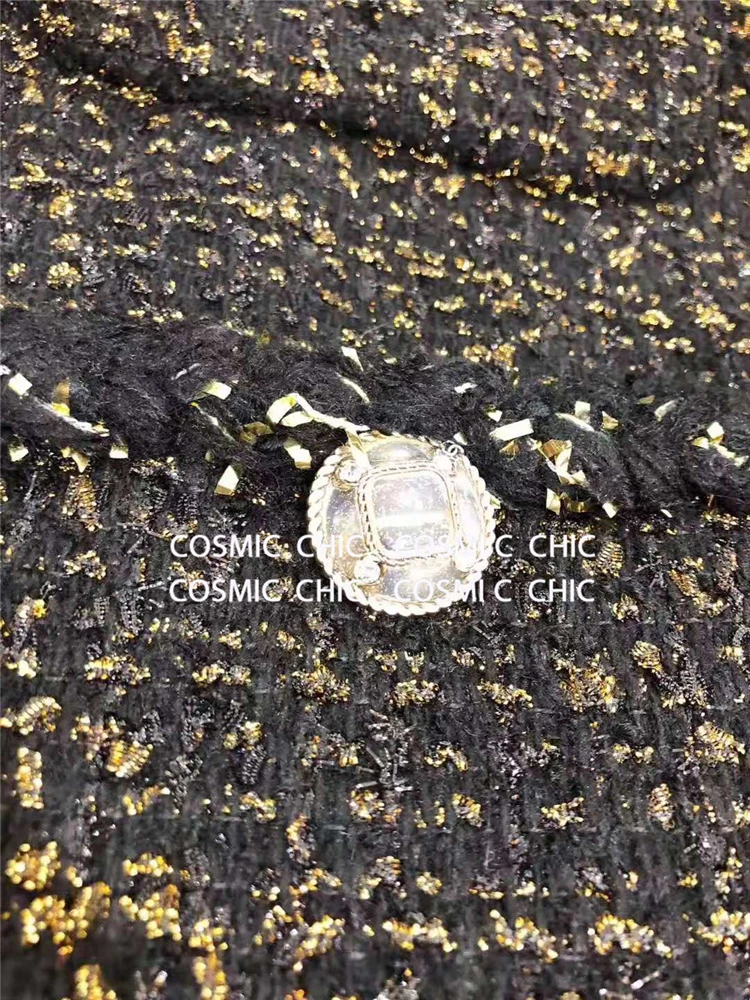 Cosmicchic, женское осеннее Элегантное Черное короткое пальто, роскошная шерстяная твидовая куртка с длинным рукавом, золотая нить, плетение, OL, Женская куртка