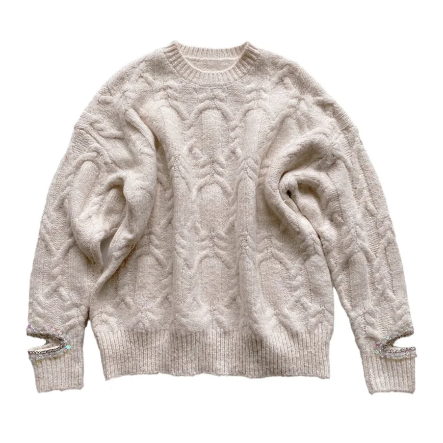 

Jane Deiune New Autumn Winter Women Hollow Out Sequin Long Sleeve Sweater Lady Casual Loose Knitted Sweater Oversized Tops