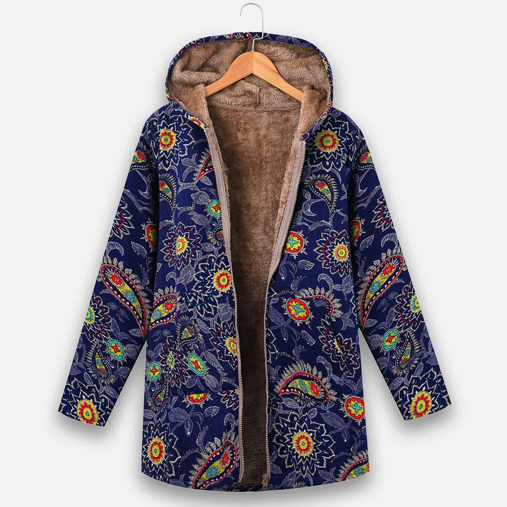 

Coat Jacket Female Women Vintage Zipper Ethnic Print Hooded Fleece Long Sleeve Coat Plus Suze S-5XL manteau femme