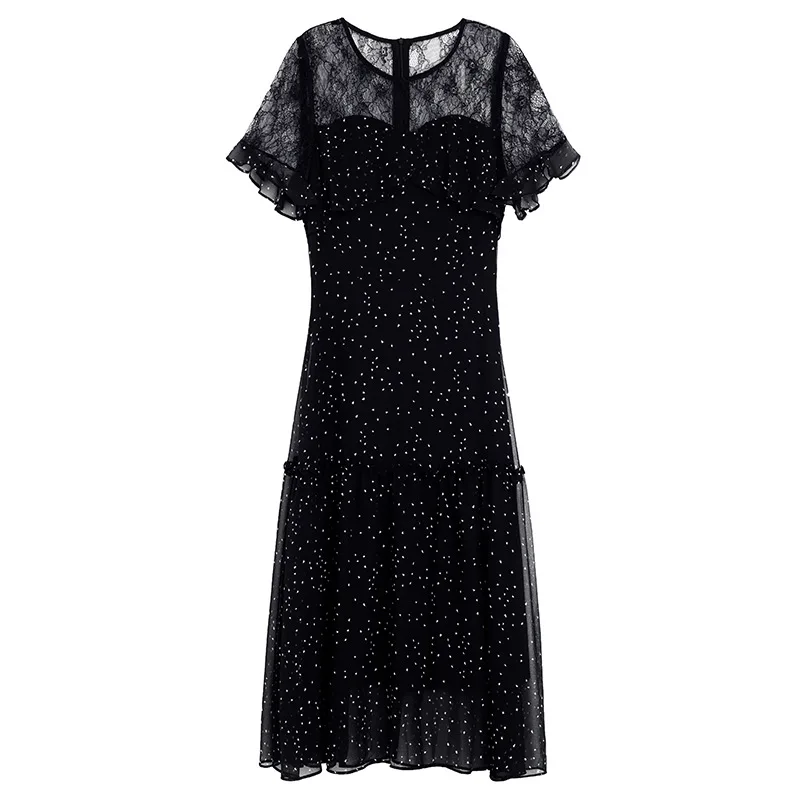 

2020 Summer Black Fashionable Women Polka Dot Print Sexy Tulle Lace Patchwork Short Sleeve Mid-Calf Length Dress 3xl