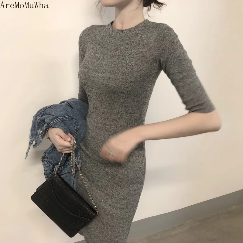 AreMoMuWha 2019 женское корейское тонкое трикотажное платье для похудения с длинным