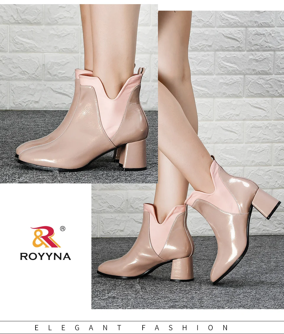 ROYYNA/Новинка года; дизайнерская зимняя обувь из блестящей микрофибры; женские ботильоны на высоком каблуке с острым носком; женские ботинки; zapatos mujer; модная обувь