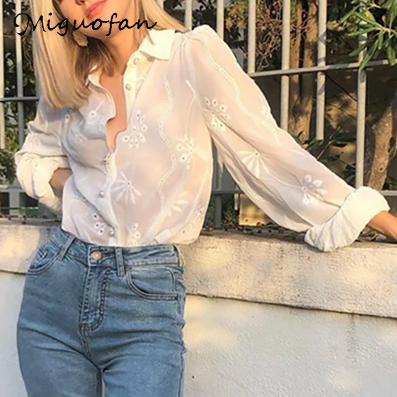 Miguofan белая блузка рубашки с жемчужными пуговицами Офисная Женская женская