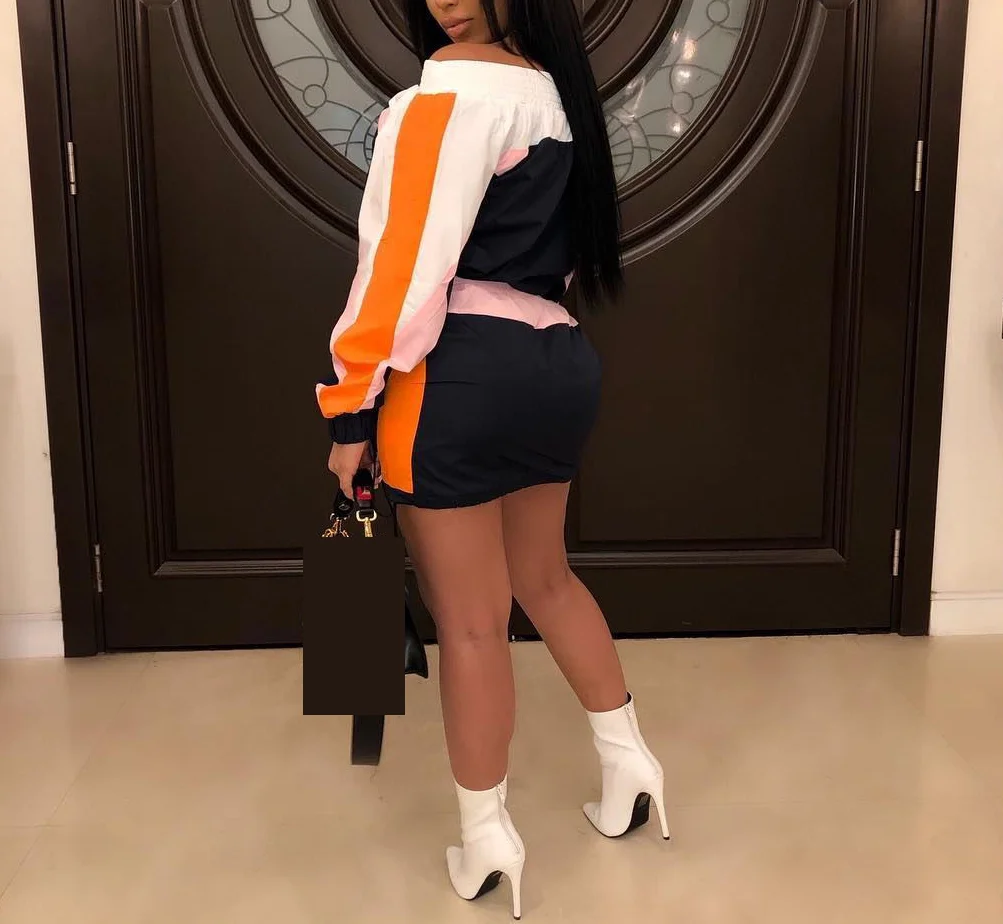 

2020 Autumn Off Shoulder Long Sleeve Hoody+ mini Dress Woman Fashion Loose Casual Set Contrast Color Streetwear Tracksuit Outfit