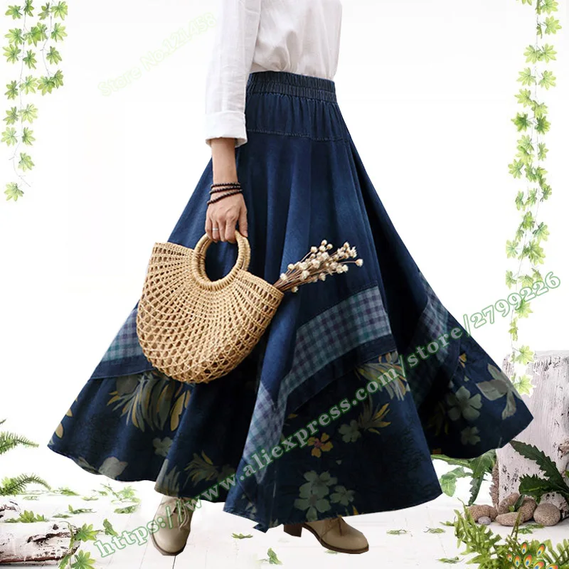 

Woman 2021 Bohemia Female Clothing Casual Retro Vintage Hole Floral Women's Big Hem Denim Jeans a-Line Print Maxi Elegant Skirts