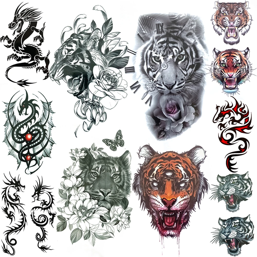 Временные татуировки с тигром пионом для мужчин и женщин крыльями дракона розы