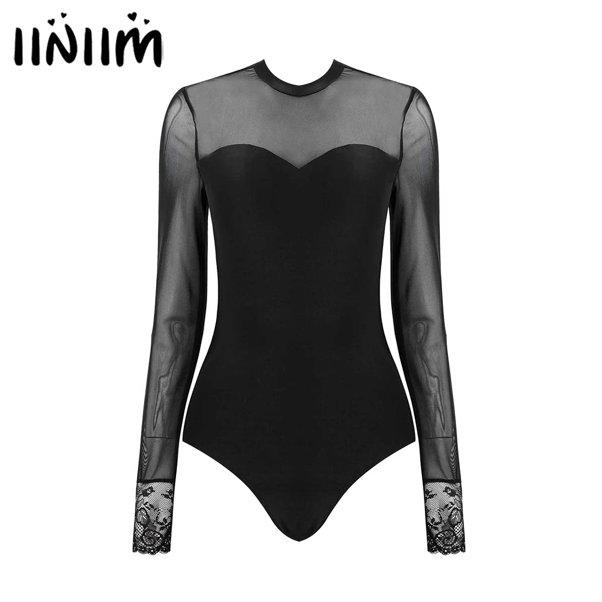 

iiniim Sexy Womens Ladies Long Sleeve Mesh Patchwork Hollow Out Back Bodysuit Catsuit Gymnastics Ballerina Costumes Clubwear