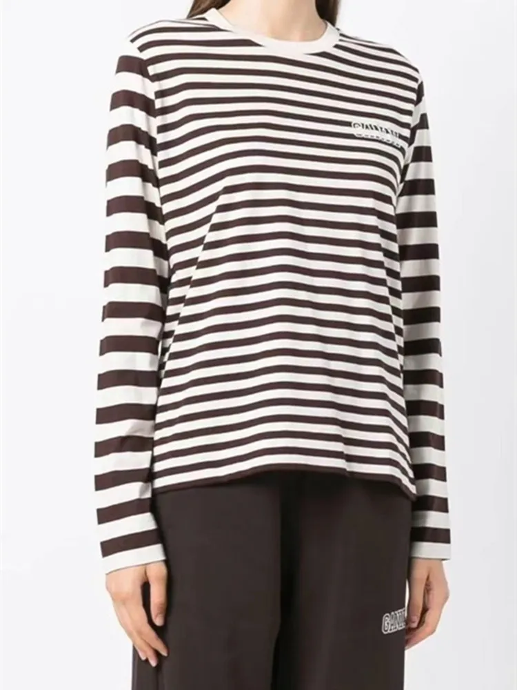 

Женская футболка с круглым вырезом, длинным рукавом и вышивкой букв, однотонная или полосатая Повседневная Женская свободная футболка, нов...