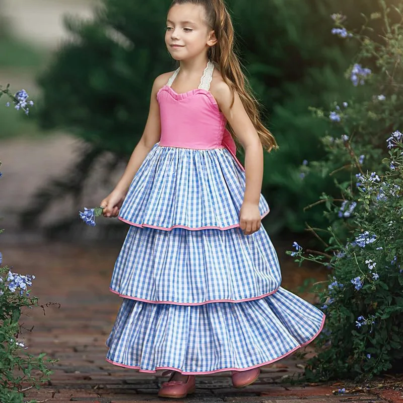 

Sweet Baby Girls Ruffles Plaid Sundress Straps Adjustable Lace Backless Beach Wear Summer Dress