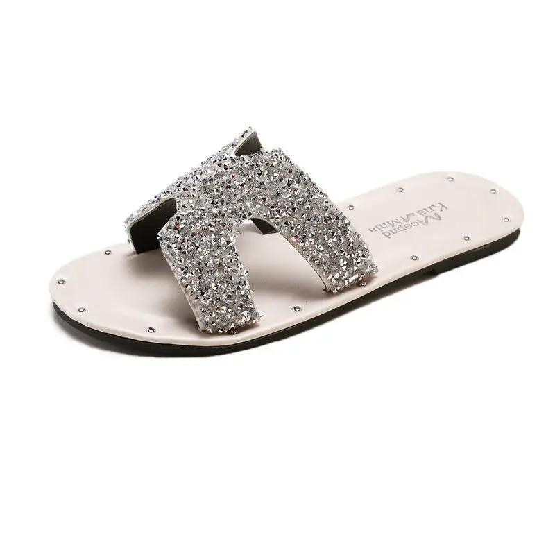 Summer New Women Slides 2021 Lady Fashion Solid Color Flat Shoes Sandals Red Bling Sequins Women's All-match Casual Slippers