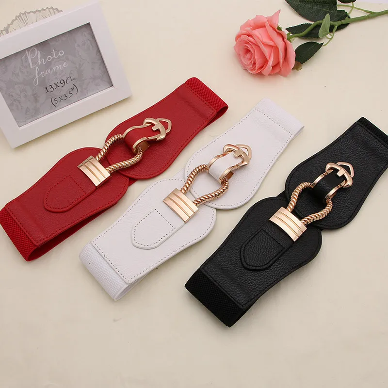 

Elastic Wide Waistband Waist Belt Elastic Band For Women PU Leather Luxury Wide Belts Waist Strap Double Buckle Belt Female 2021