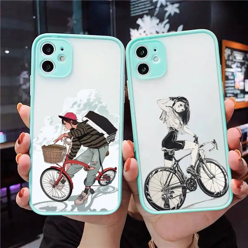 

Cartoon cycling girl Phone Case For iPhone 13 12 11 Mini Pro XR XS Max 7 8 Plus X Matte transparent blue Back Cover