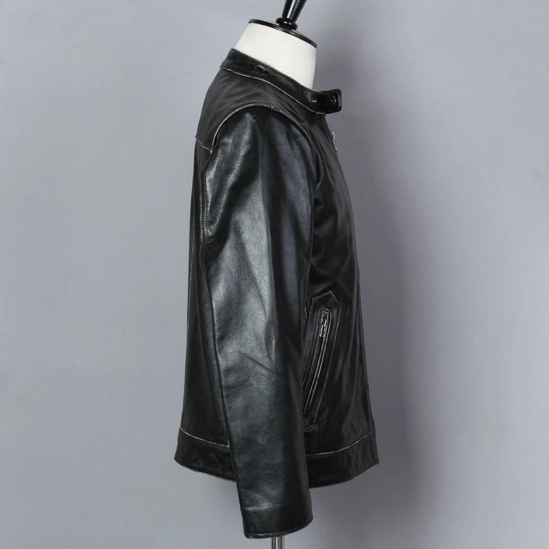 

Vintage 2021 Men's Genuine Leather Jacket Stand Collar Zipper Motorcycle Jacket Men Black Cowskin Biker Jacket Male