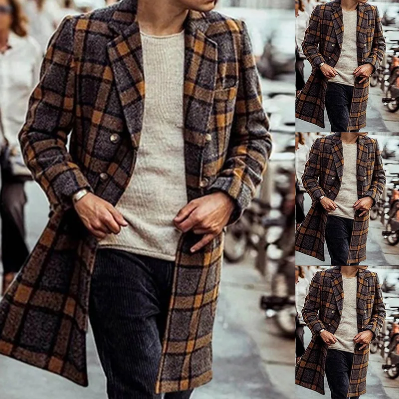 

Dropshipping Men Long Wind Coat Casual Double Breasted Mens Overcoat Winter 2020 Houndstooth Jacket Men Trench Coat