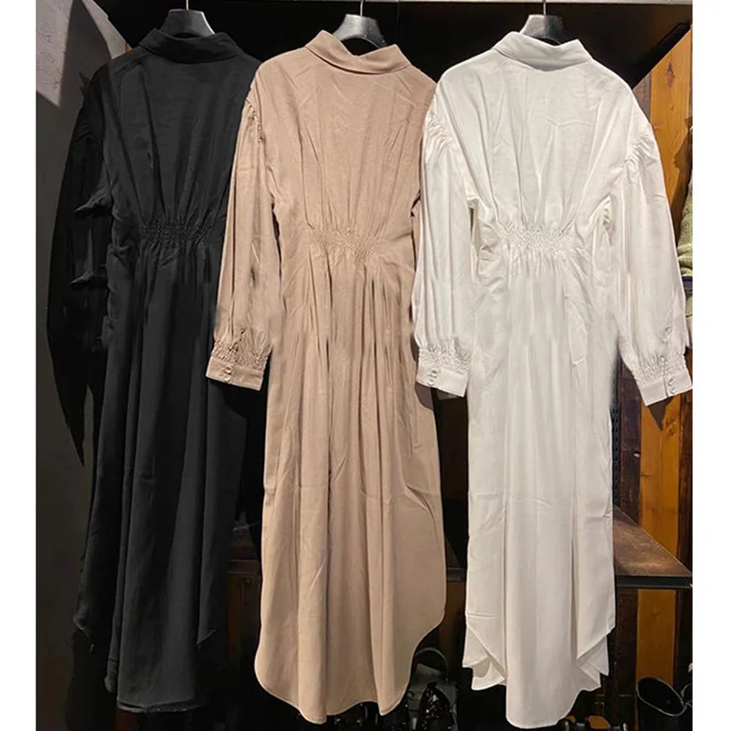 

Spring Single Breasted Women Folds Shirt Dresses Fashion Irregular Vestidos Mujer Elegant Slim Waist Blouse Dress Woman